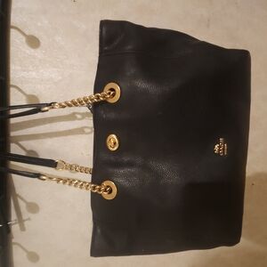 COACH Black Leather Tote Bag with Gold Accents